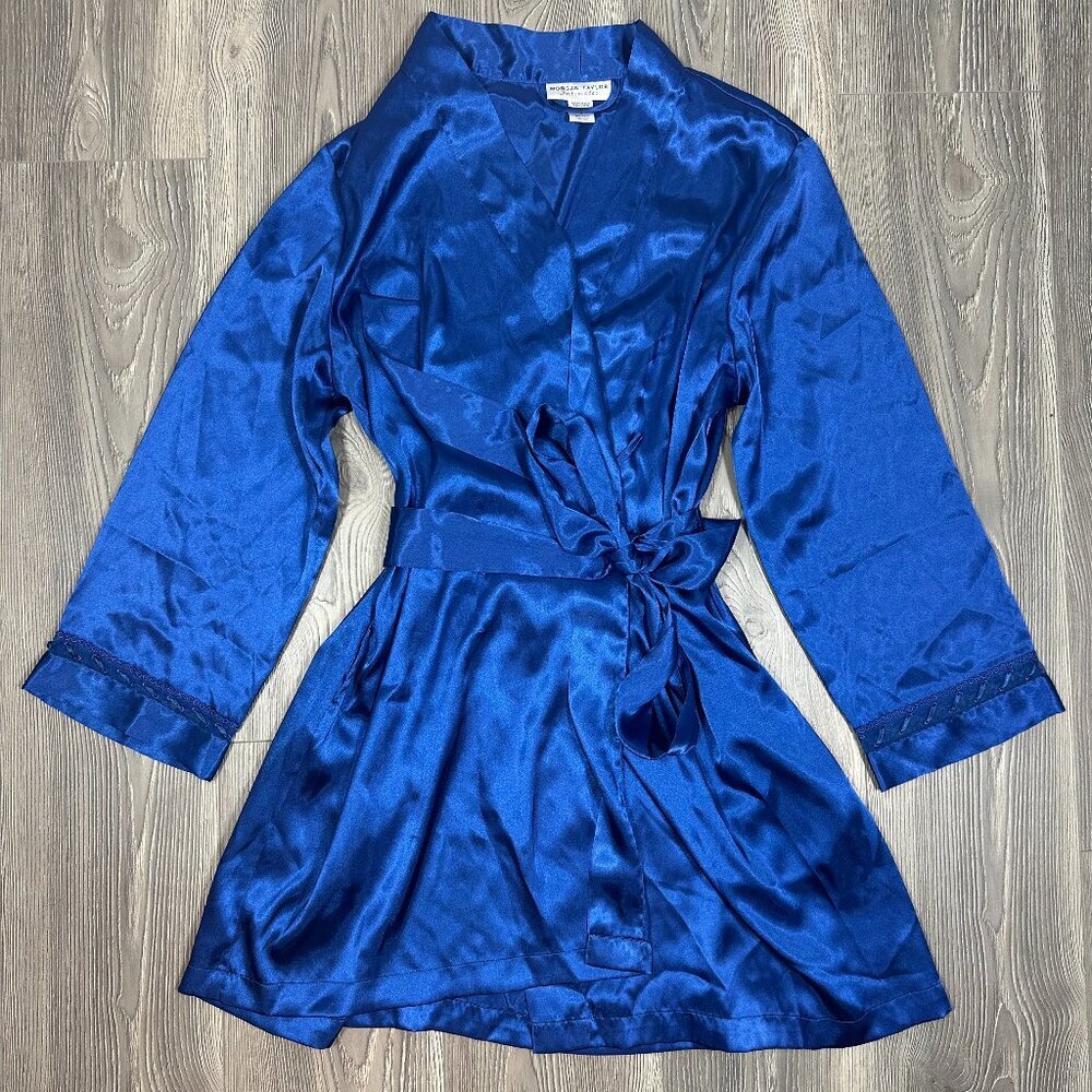 Morgan Taylor‎ Intimates Blue Satin Robe with Lace Trim Women’s Size L